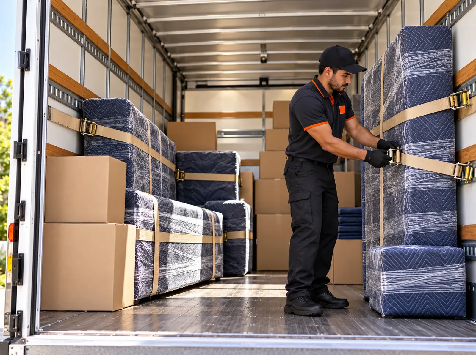 Caja de camión con muebles envueltos y cajas sujetas con bandas