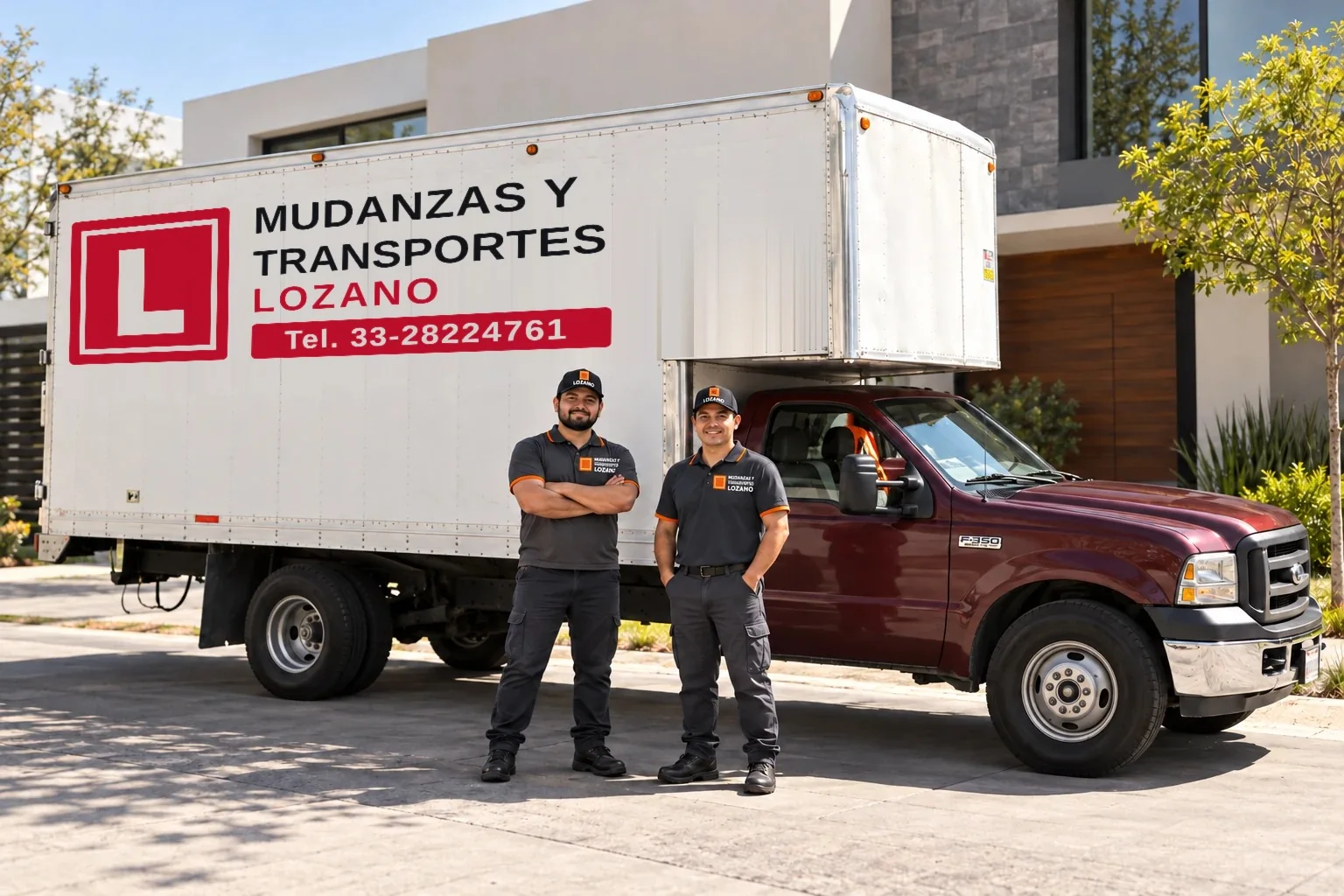 Equipo de Mudanzas y Transportes Lozano con uniforme y camioneta rotulada