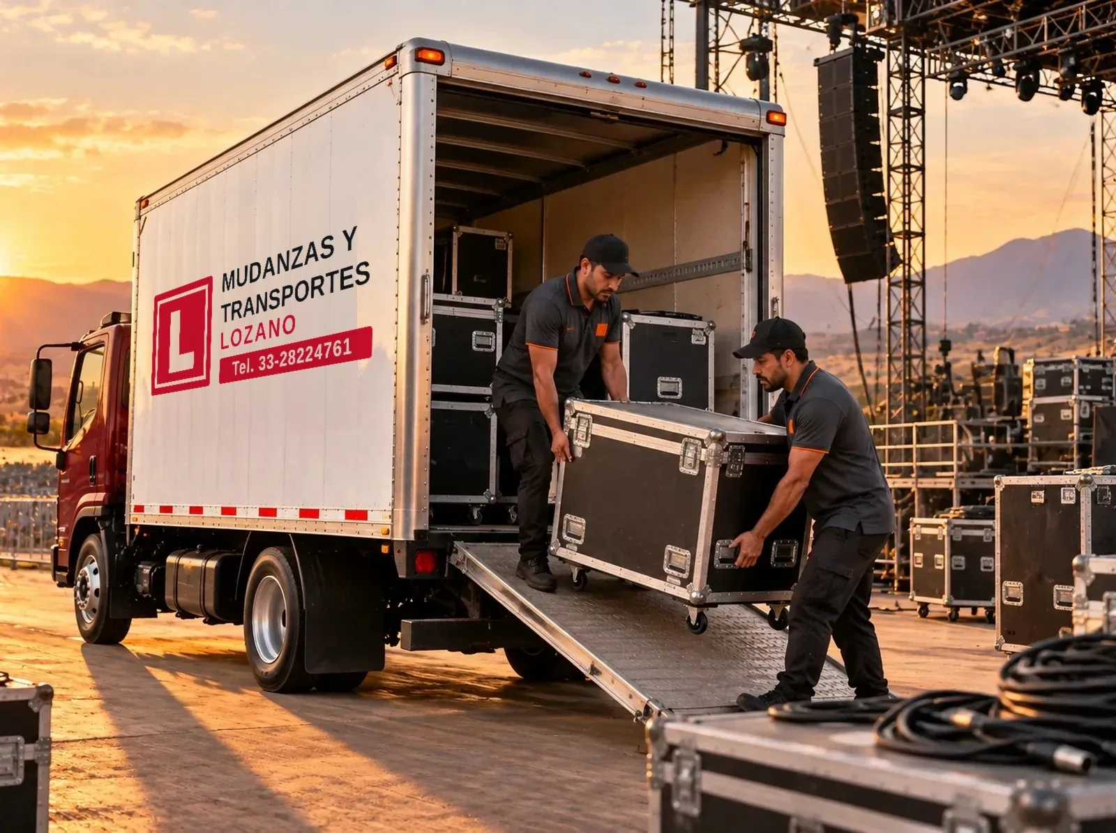 Equipo de sonido y estructuras de escenario cargados en un camión detrás de un evento