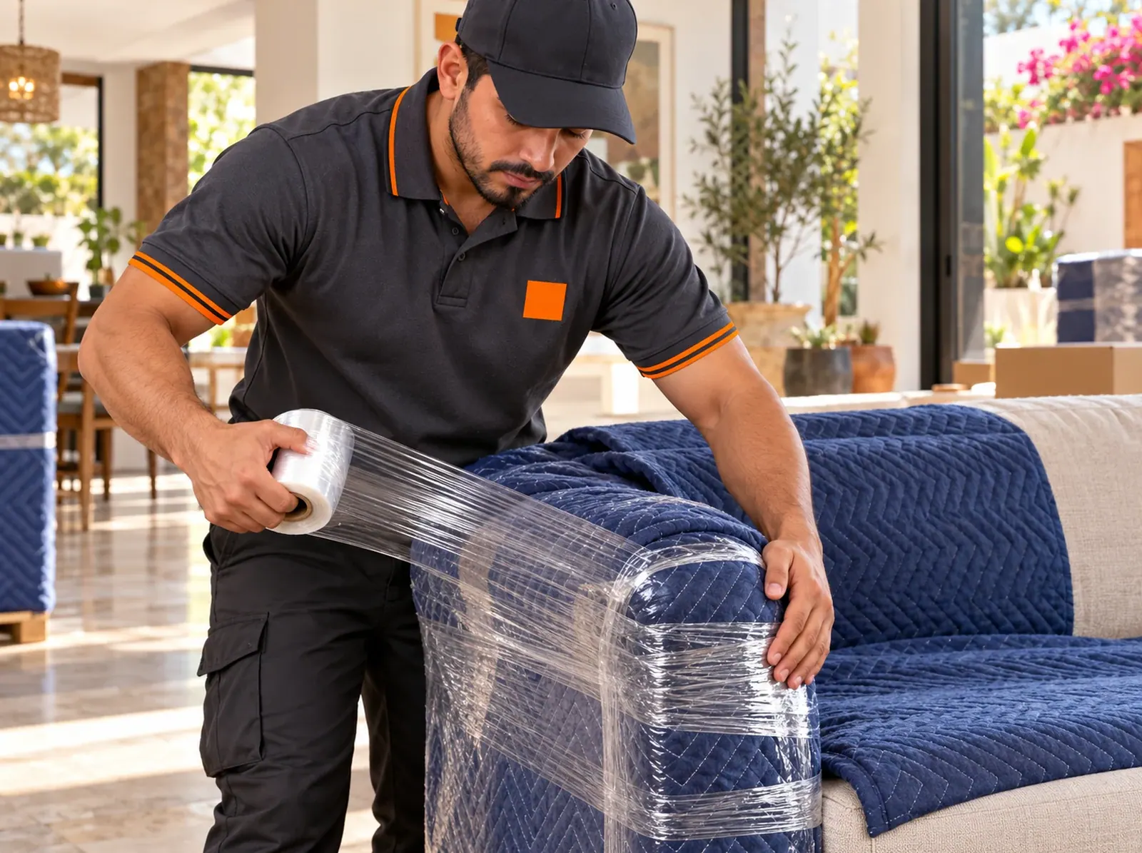 Cargador con uniforme oscuro protege un sillón con cobija y emplayado